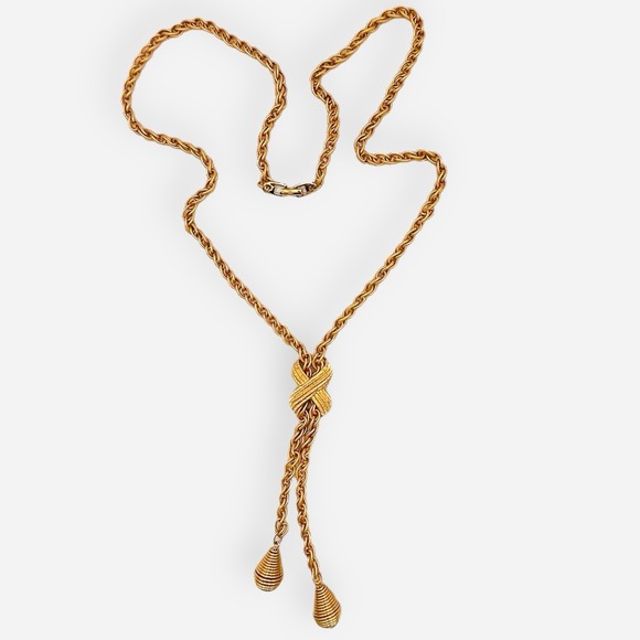 Vintage Napier Necklace Gold Tone Knot Tassel Lariat Bolo 28" - Picture 1 of 8